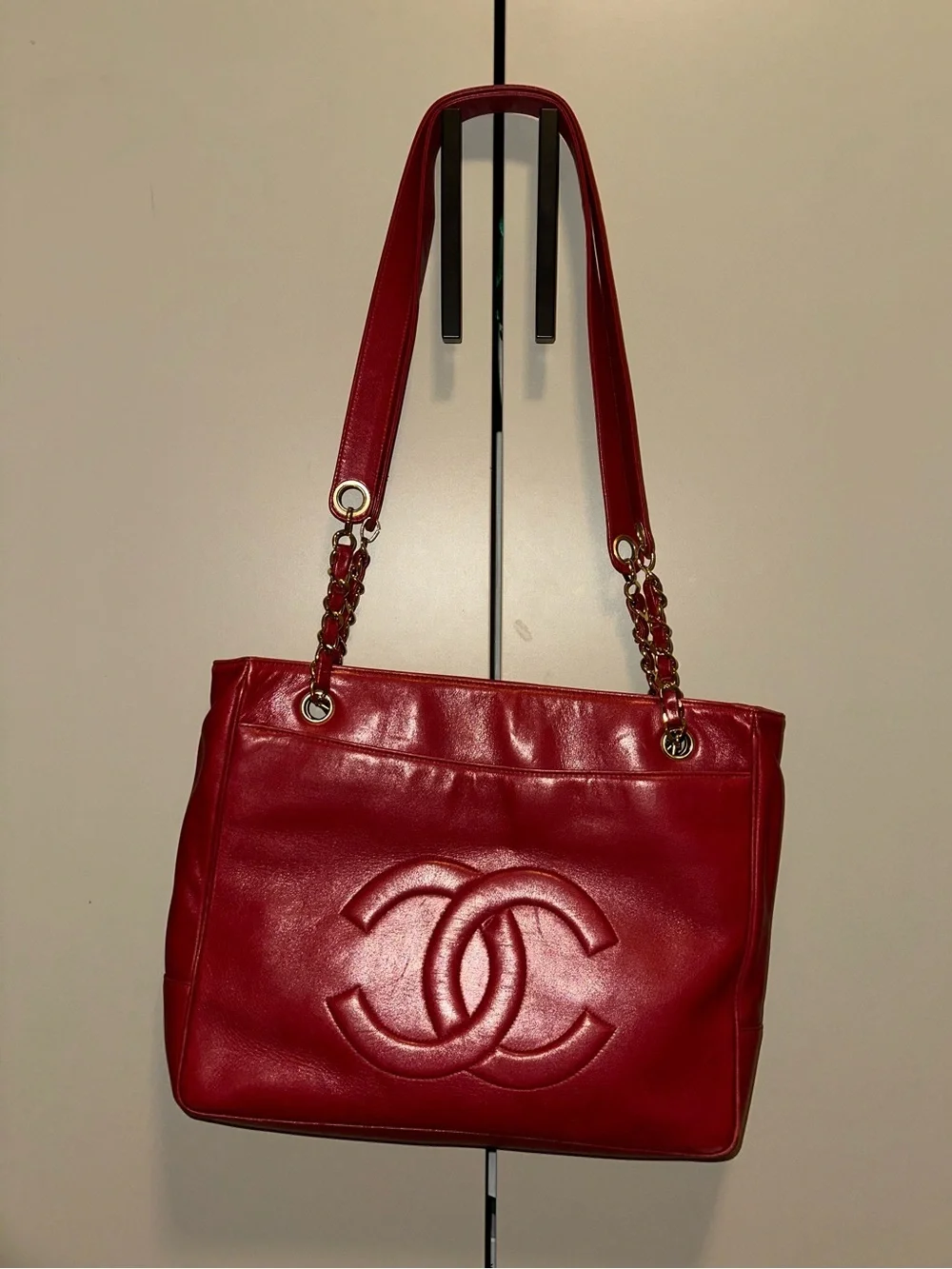 Chanel 90’s Red CC Lambskin Tote with Gold Chain-Detail Straps